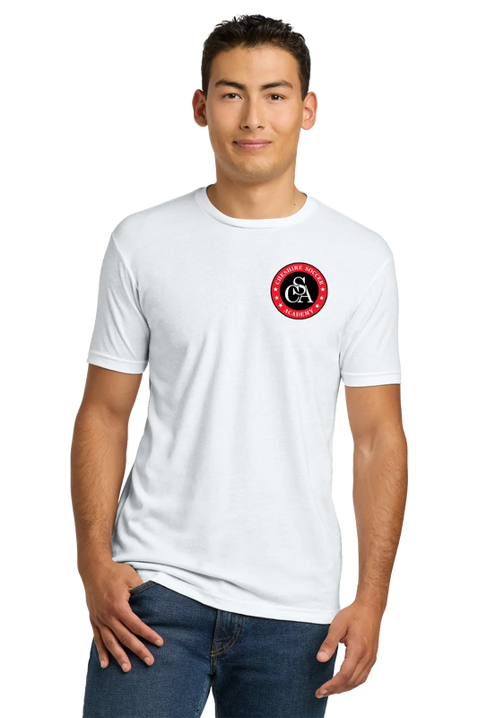 Man wearing a white t-shirt with a red logo on a white background. Paper Street Print Co, Blairstown, NJ