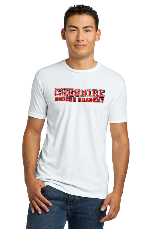 Person wearing a white t-shirt with 'Cheshire Soccer Academy' text on a white background Paper Street Print Co, Blairstown, NJ.