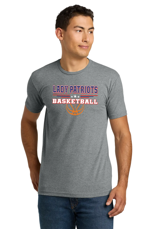 Man wearing a gray t-shirt with 'LADY PATRIOTS BASKETBALL' text and design on a white background. Paper Street Print Co, Blairstown, NJ.