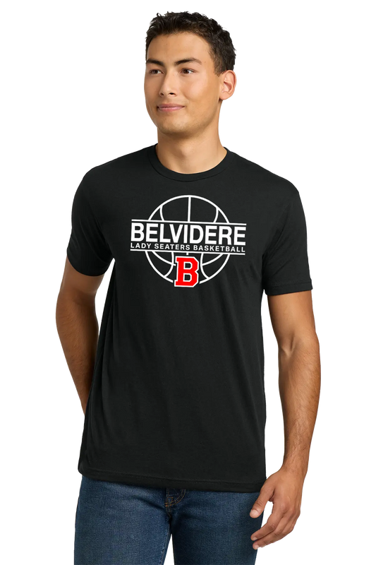 A man wearing a black short-sleeve t-shirt with a white and red 'Belvidere Lady Seaters Basketball' graphic on the chest, paired with blue jeans, against a plain white background. Paper Street Print Co, Blairstown, NJ.