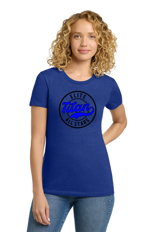 Woman wearing a blue t-shirt with 'Elite Titan All Stars' design on a white background. Paper Street Print Co, Blairstown, NJ.