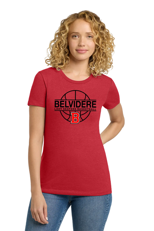 A woman with curly blonde hair wearing a red short-sleeve t-shirt with a black and red Belvidere Lady Seaters Basketball graphic, paired with blue jeans, against a plain white background. Paper Street Print Co, Blairstown, NJ.