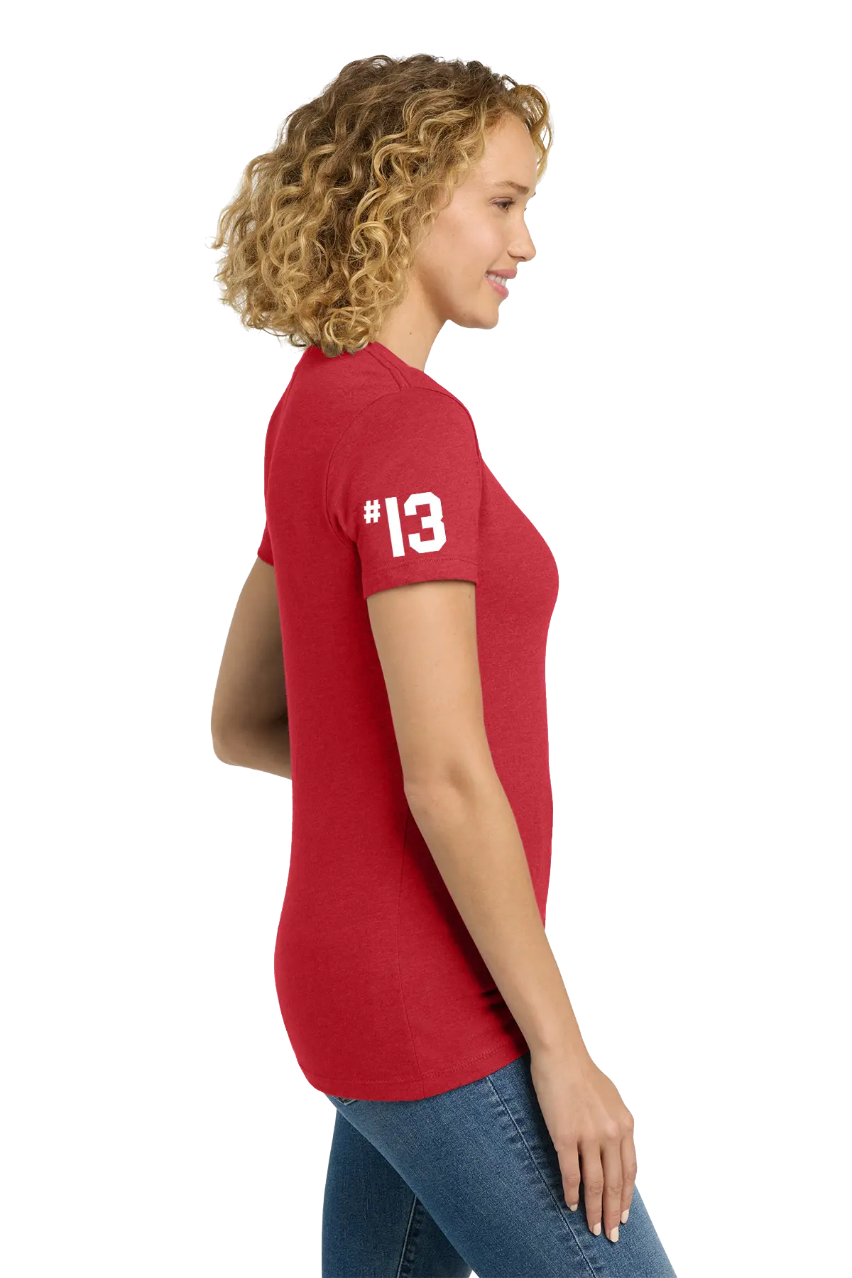 Woman wearing a red t-shirt with the number 13 on a white background. Paper Street Print Co, Blairstown, NJ.