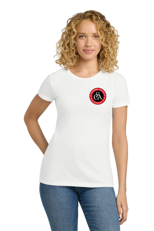 Woman wearing a white t-shirt with a red and black logo on a white background. Paper Street Print Co, Blairstown, NJ.