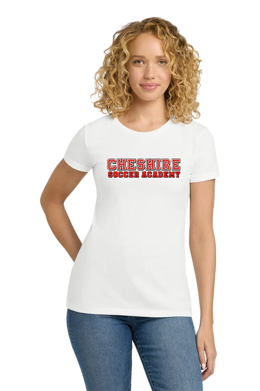 Woman wearing a white t-shirt with 'Cheshire Soccer Academy' text on a white background. Paper Street Print Co, Blairstown, NJ.