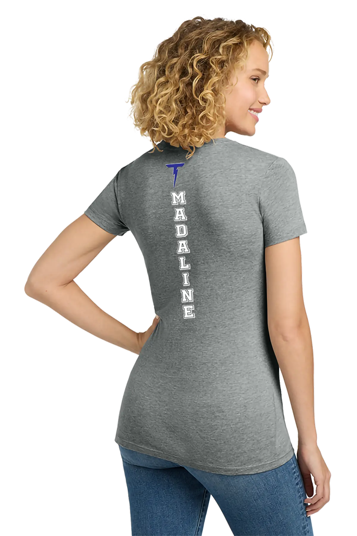 Woman wearing a gray t-shirt with 'Madaline' printed on the back, on a white background. Paper Street Print Co, Blairstown, NJ.