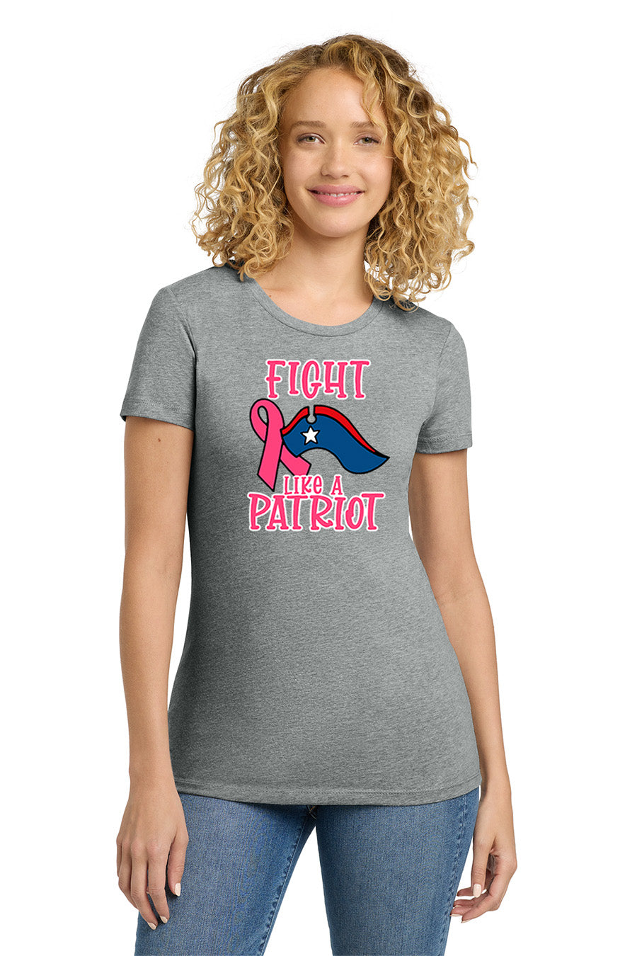 Woman wearing a gray t-shirt with a pink and blue ribbon design and text on a white background. Paper Street Print Co, Blairstown, NJ.