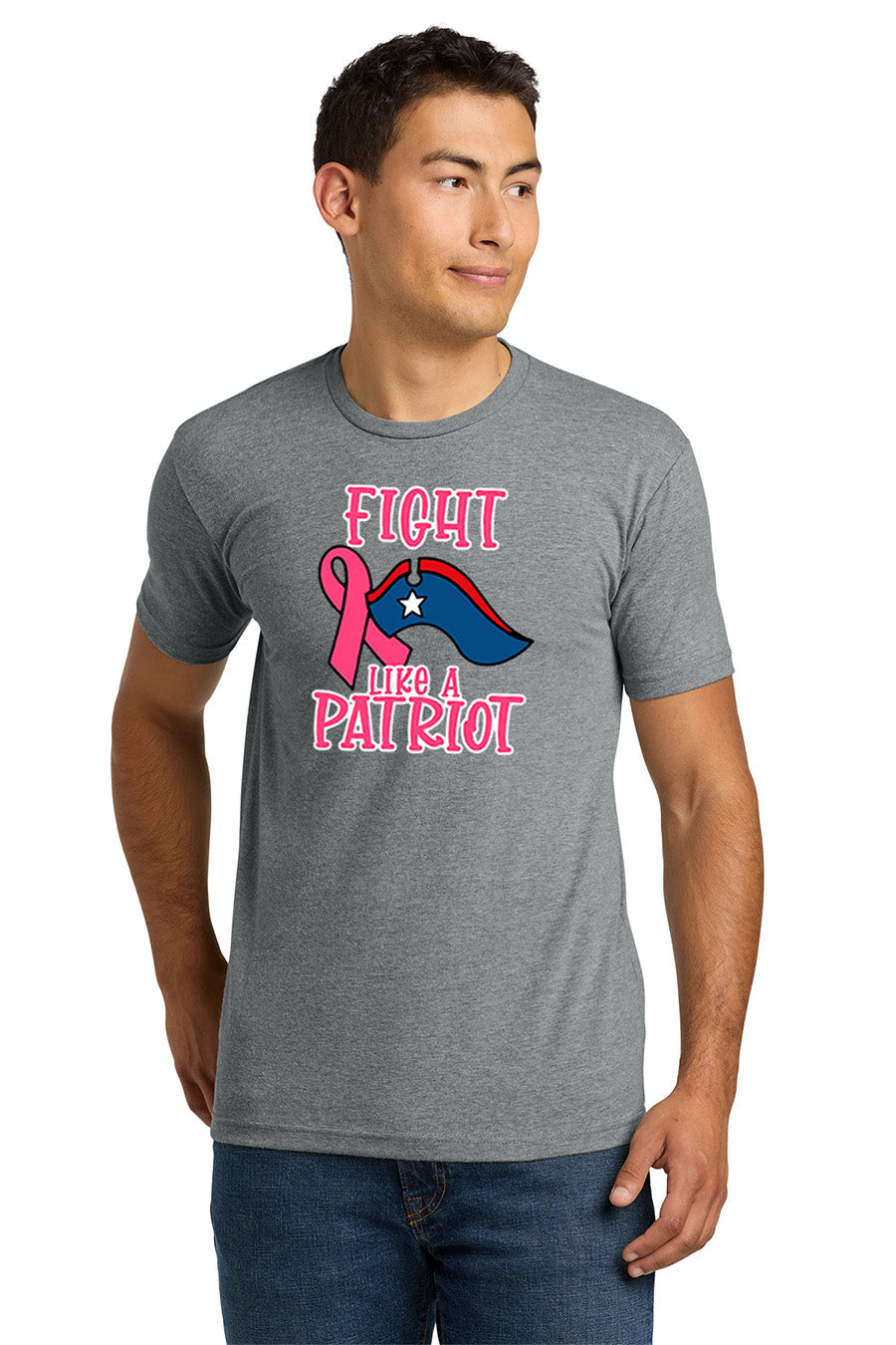 Man wearing a gray t-shirt with a pink and blue graphic and text on a white background. Paper Street Print Co, Blairstown, NJ.