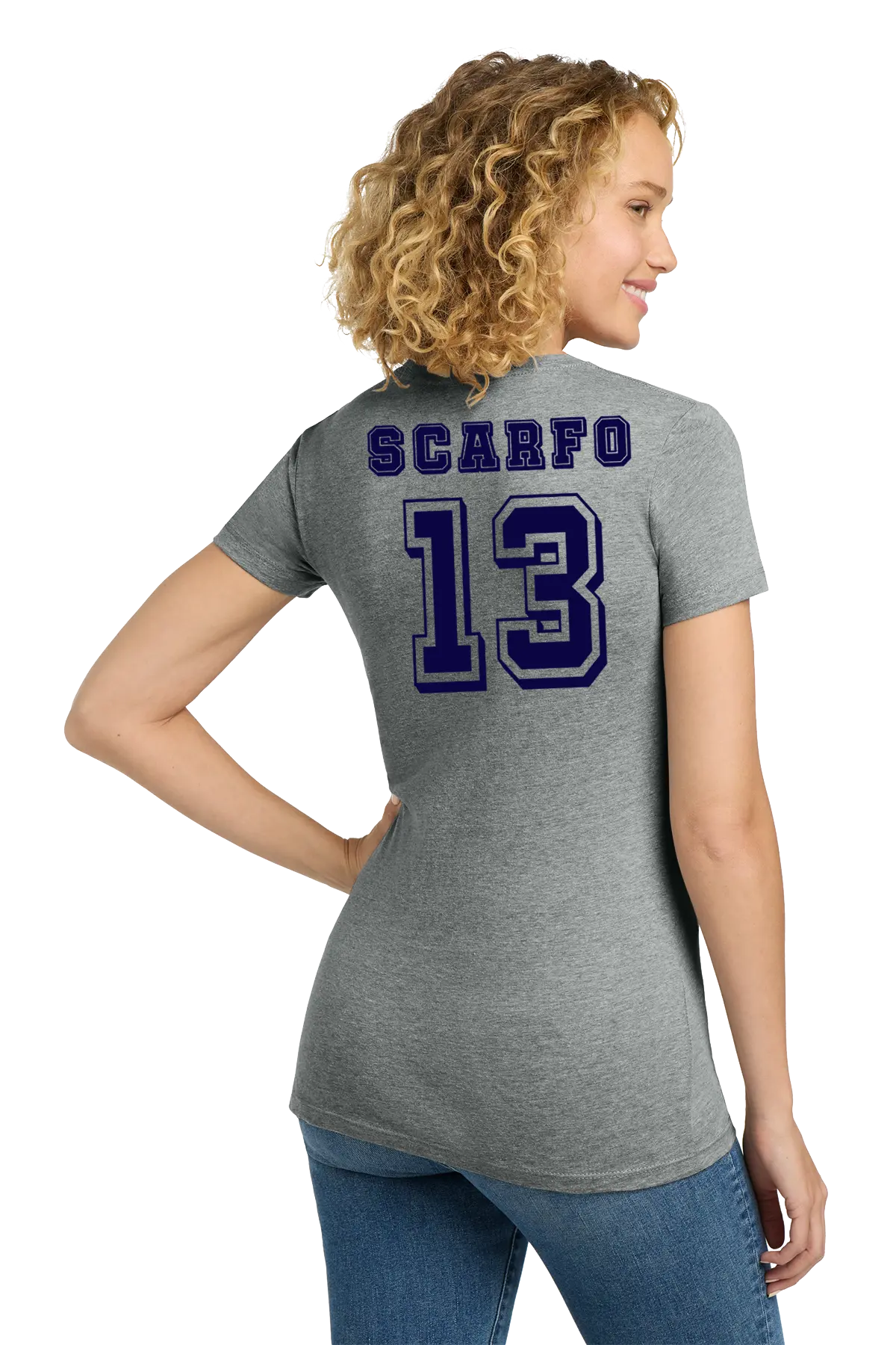 Woman wearing a gray t-shirt with 'SCARFO 13' printed on the back. Paper Street Print Co, Blairstown, NJ.
