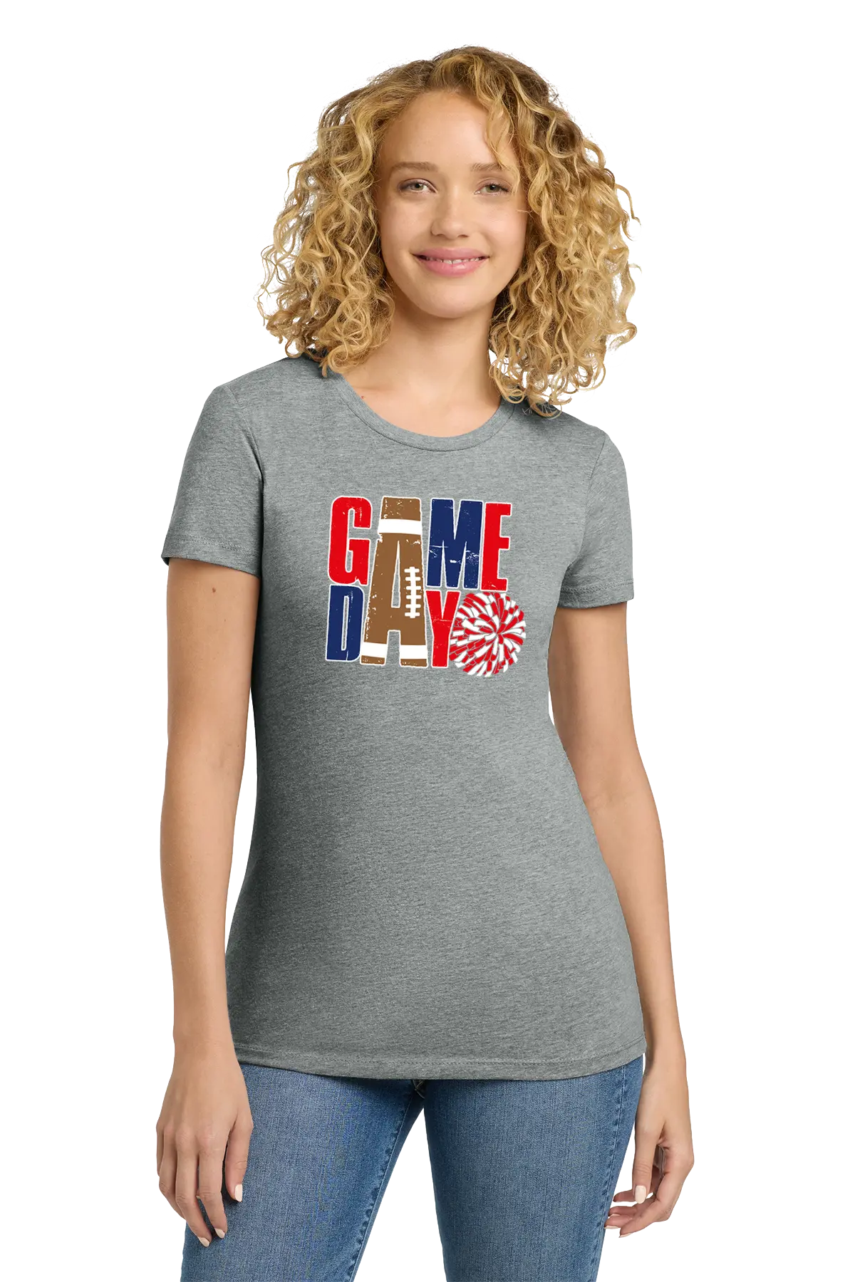 Woman wearing a gray t-shirt with 'GAMEDAY' design on a white background. Paper Street Print Co, Blairstown, NJ.