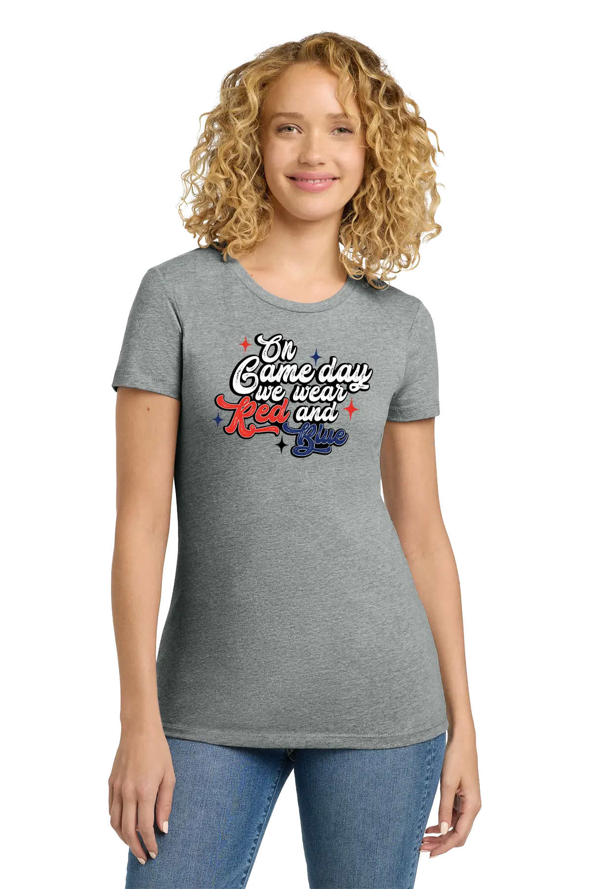 Woman wearing a gray t-shirt with a colorful graphic design on a white background. Paper Street Print Co, Blairstown, NJ.