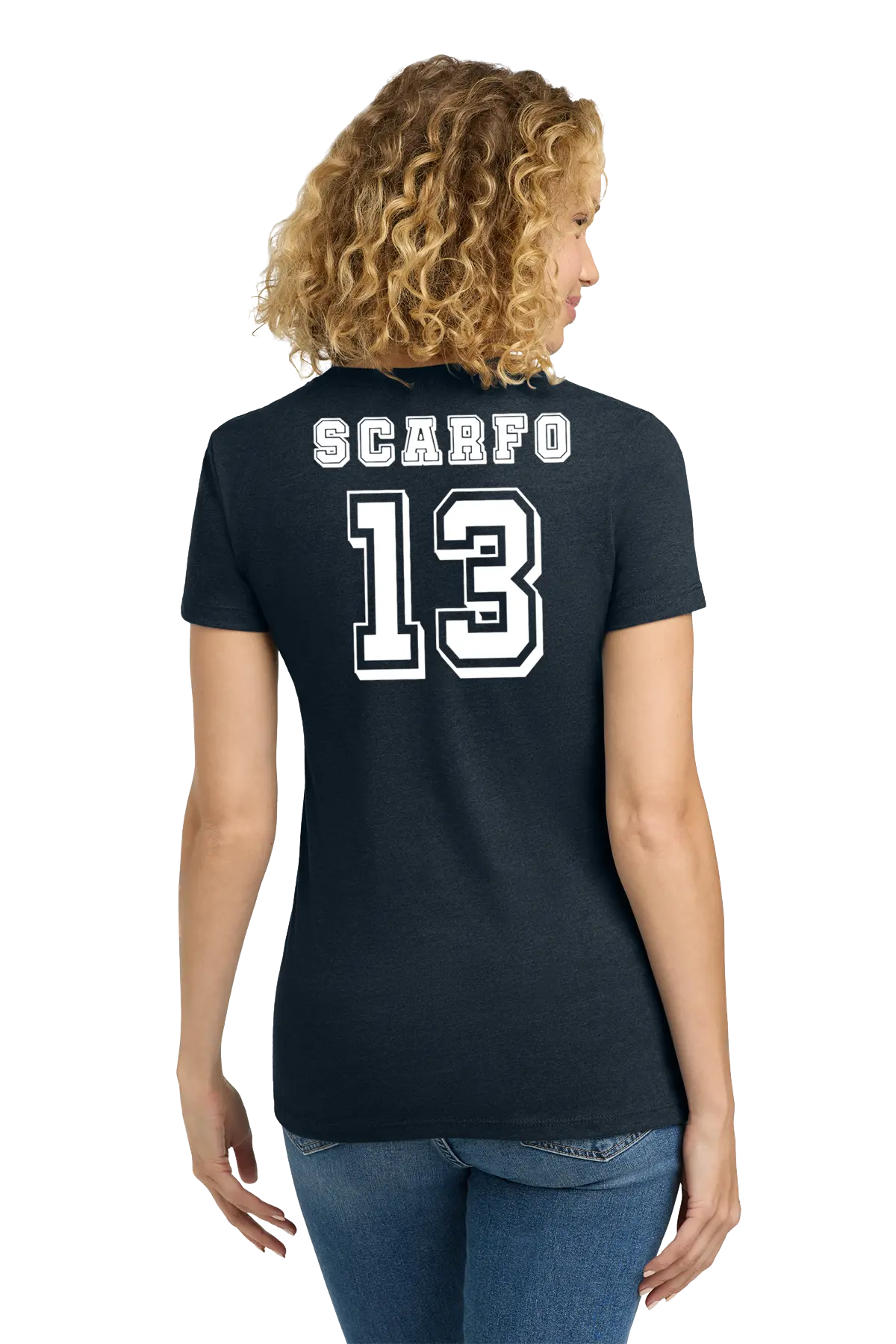 Person wearing a black t-shirt with 'Scarfo' and number '13' on the back. Paper Street Print Co, Blairstown, NJ.