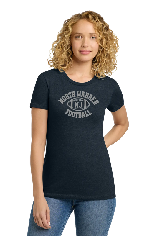 Woman wearing a black t-shirt with 'North Warren NJ Football' text on a white background. Paper Street Print Co, Blairstown, NJ.