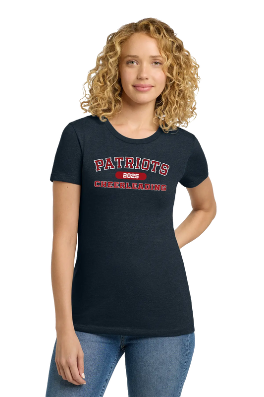 Woman wearing a black t-shirt with 'Patriots Cheerleading' text on a white background. Paper Street Print Co, Blairstown, NJ.