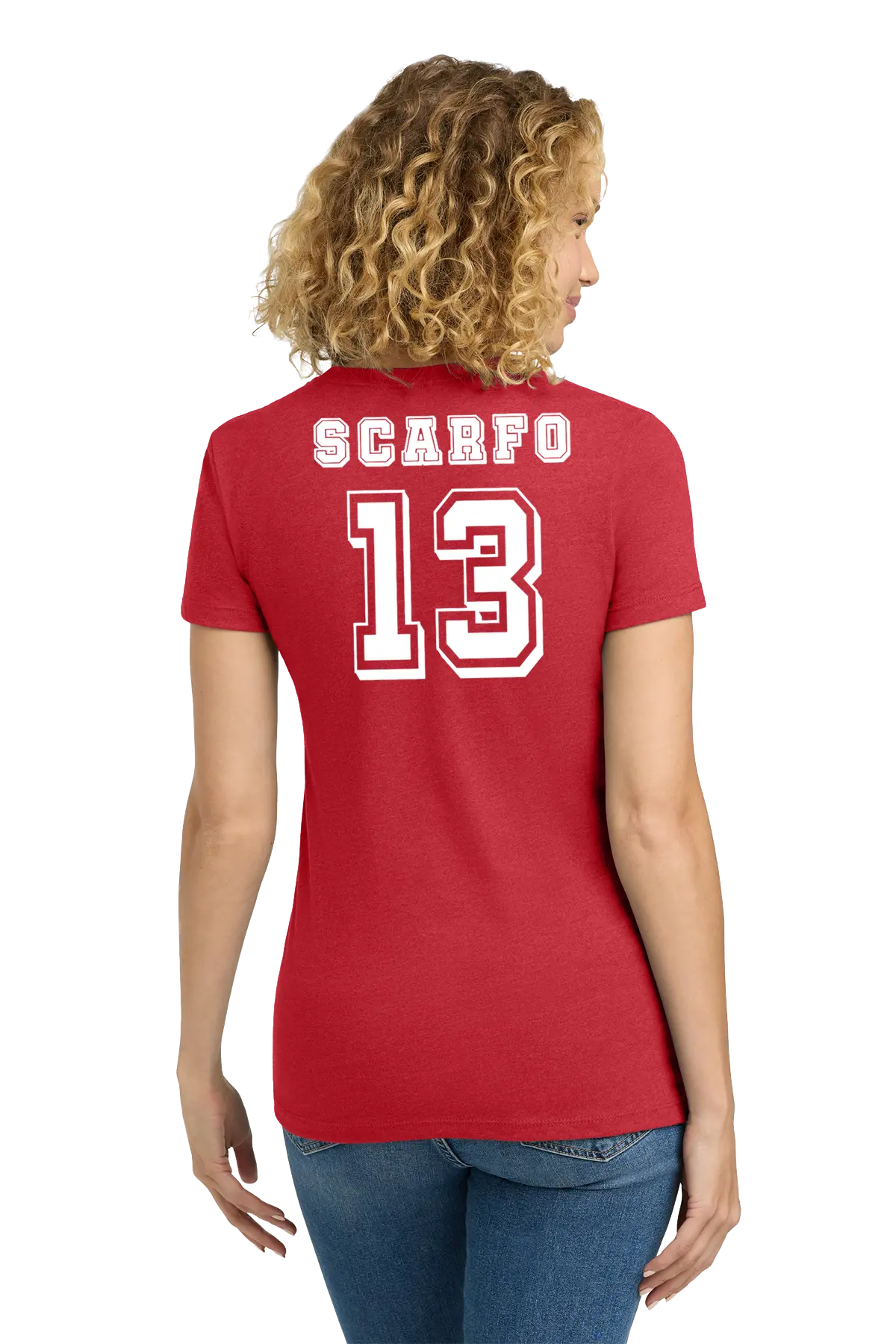 Person wearing a red t-shirt with 'SCARFO 13' printed on the back. Paper Street Print Co, Blairstown, NJ.