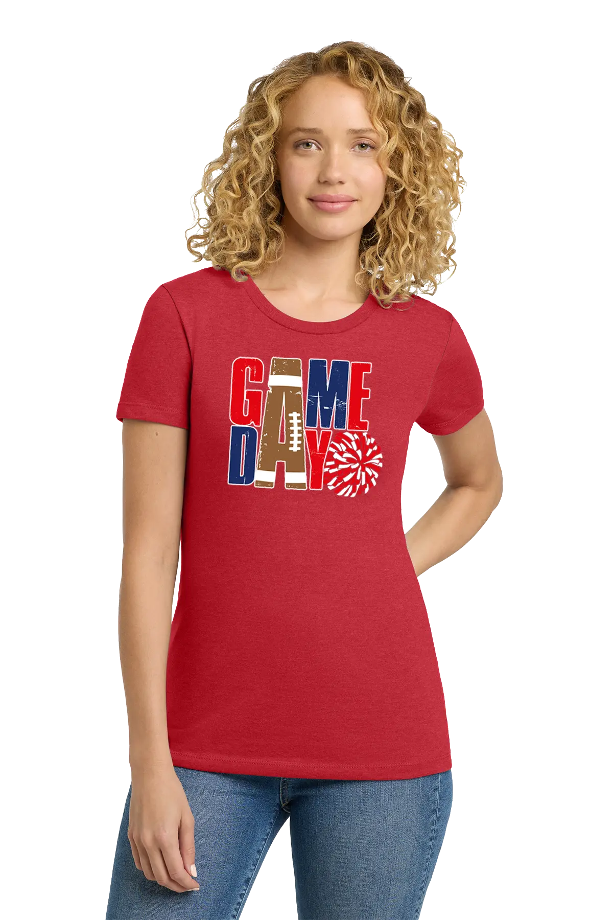 Woman wearing a red t-shirt with 'GAMEDAY' design on a white background. Paper Street Print Co, Blairstown, NJ.
