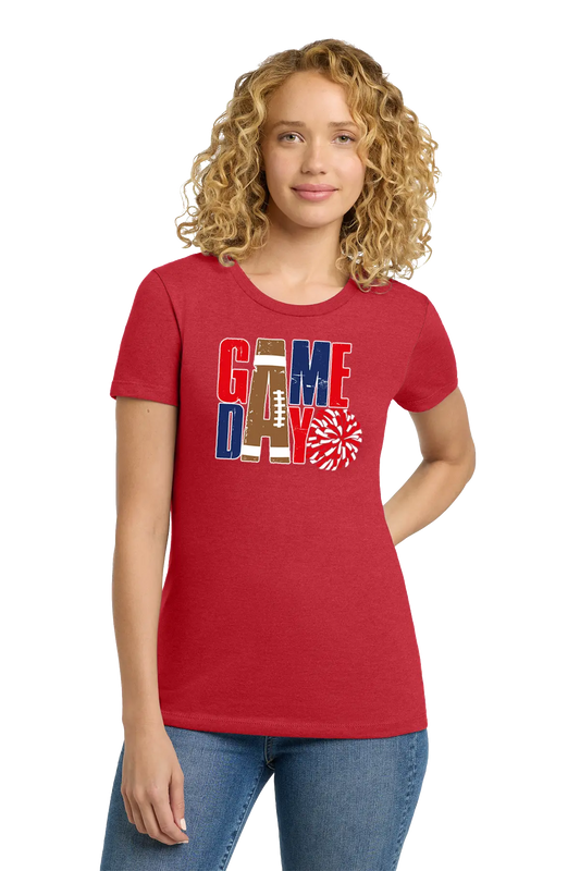 Woman wearing a red t-shirt with 'GAMEDAY' design on a white background. Paper Street Print Co, Blairstown, NJ.