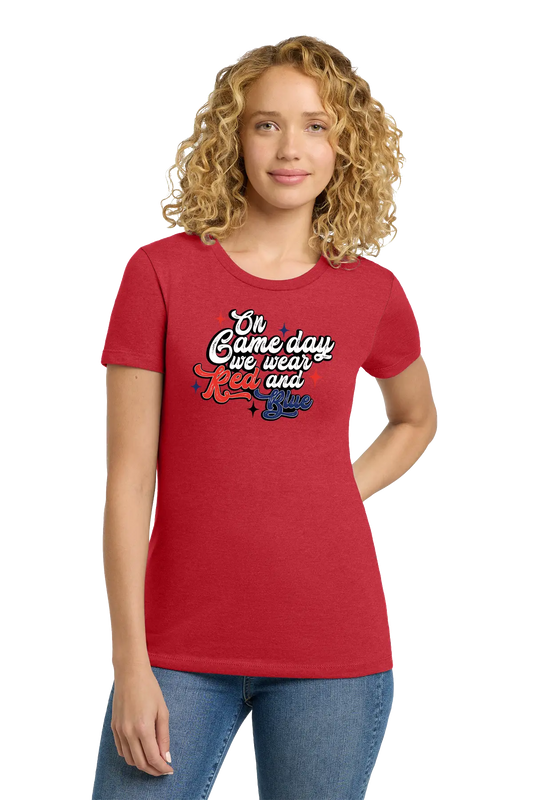 Woman wearing a red t-shirt with text on a white background. Paper Street Print Co, Blairstown, NJ.