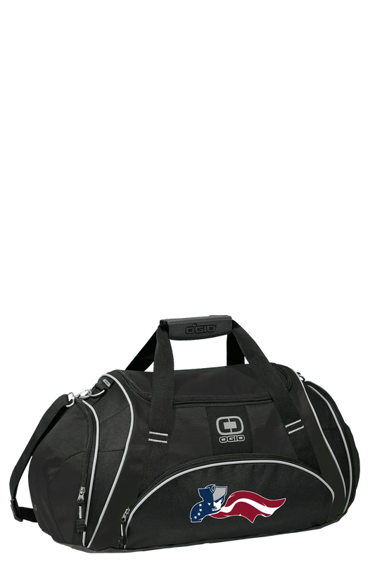 Black duffel bag with American flag design on a white background. Paper Street Print Co, Blairstown, NJ.