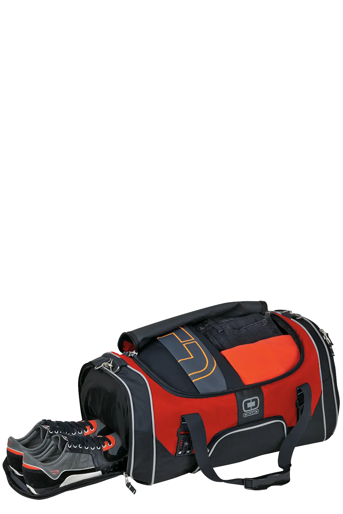 Red and black duffel bag with a shoe on a white background. Paper Street Print Co, Blairstown, NJ.