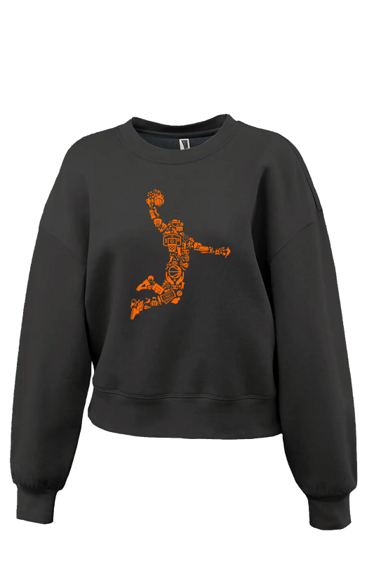 Black sweatshirt with orange graphic design on a white background. Paper Street Print Co, Blairstown, NJ.