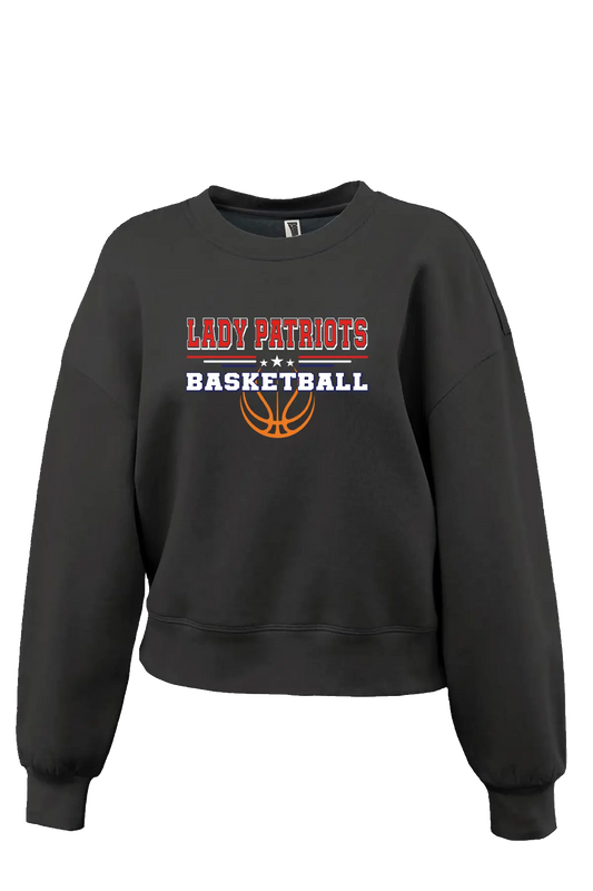 Black sweatshirt with 'LADY PATRIOTS BASKETBALL' text and basketball graphic on a white background. Paper Street Print Co, Blairstown, NJ.