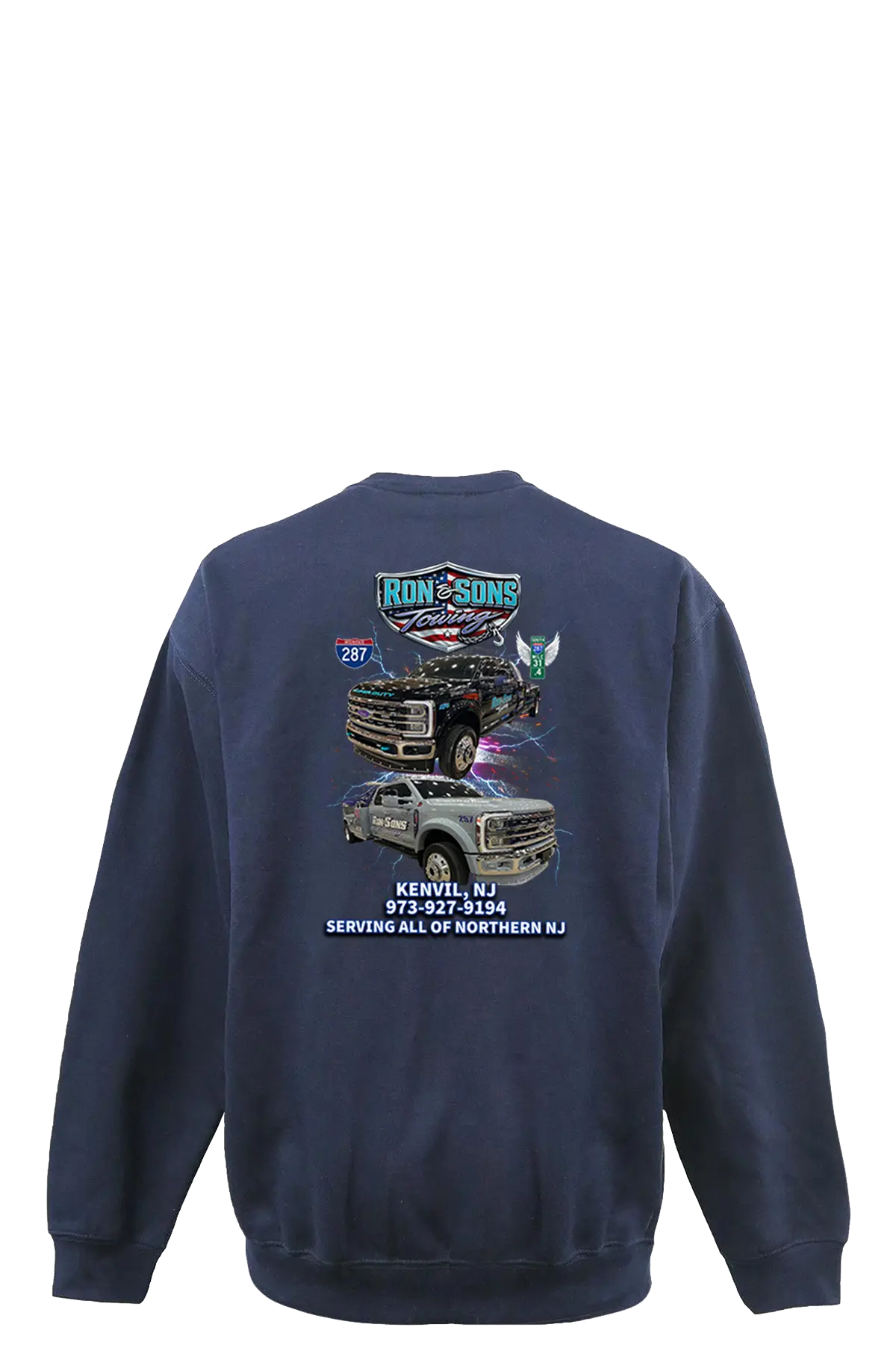Navy blue sweatshirt with graphics and text on the back, displayed against a white background. Ron and Sons Towing, Paper Street Print Co, Blairstown, NJ.
