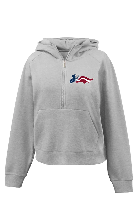 Gray hoodie with a logo on the chest against a white background. Paper Street Print Co, Blairstown, NJ.