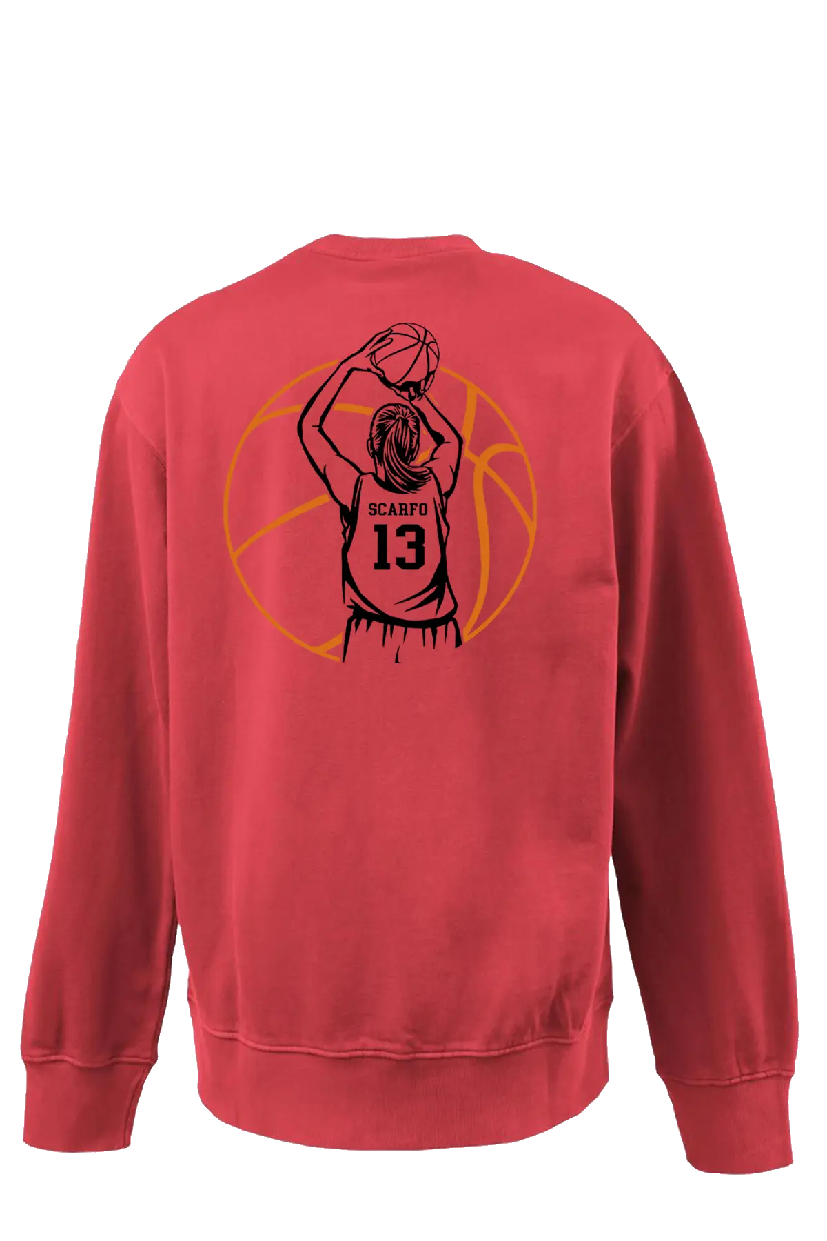 A red crewneck sweatshirt shown from the back, featuring a black and orange graphic of a basketball player with the name 'SCARFO' and number '13' on the back. Paper Street Print Co, Blairstown, NJ. Belvidere Lady Seaters Basketball.