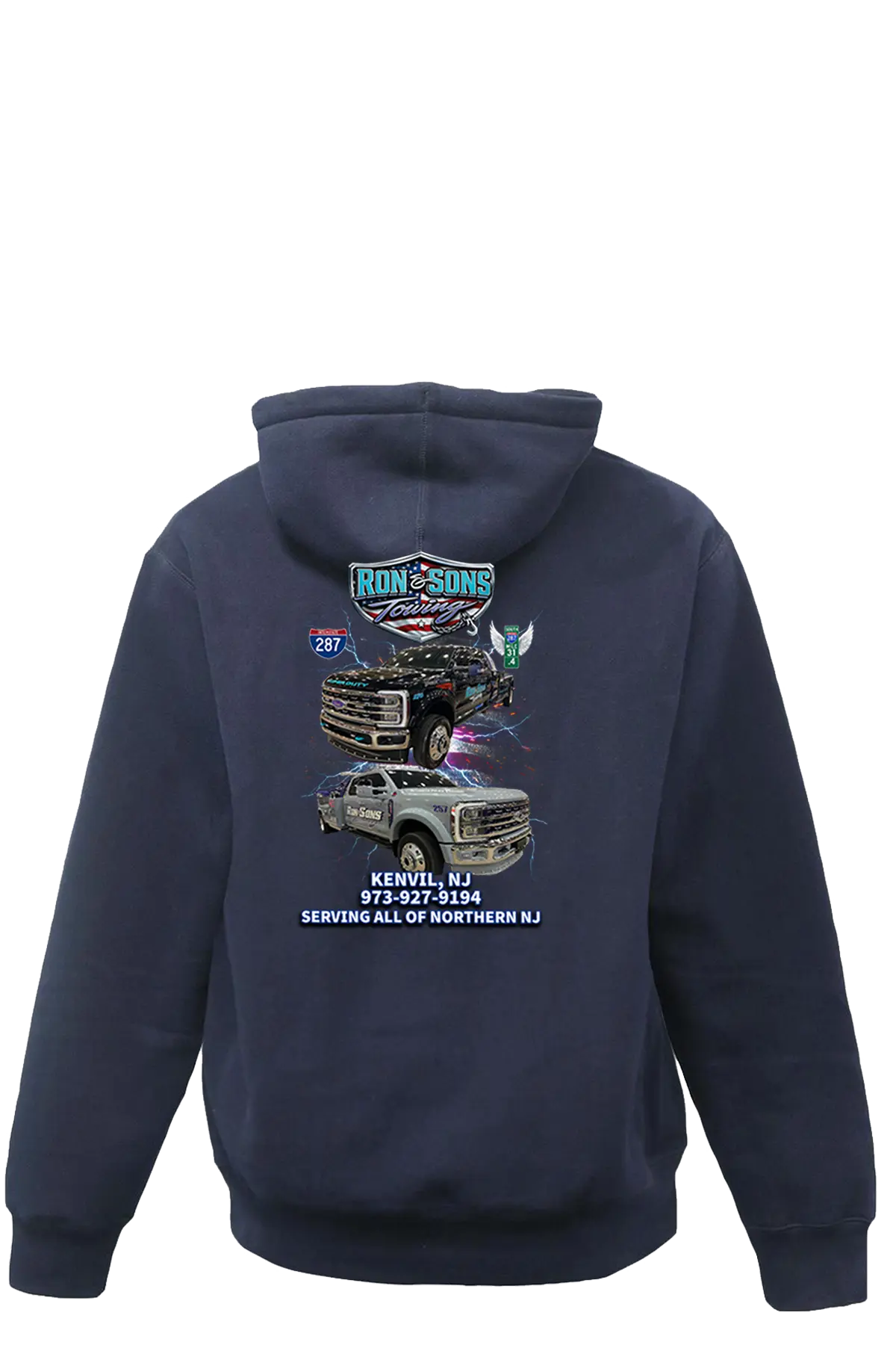 Navy blue hoodie with a graphic design on the back featuring a truck and text. Ron and Sons Towing, Paper Street Print Co, Blairstown, NJ.