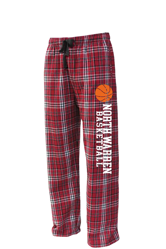 Plaid pajama pants with basketball design and text on a white background. Paper Street Print Co, Blairstown, NJ.