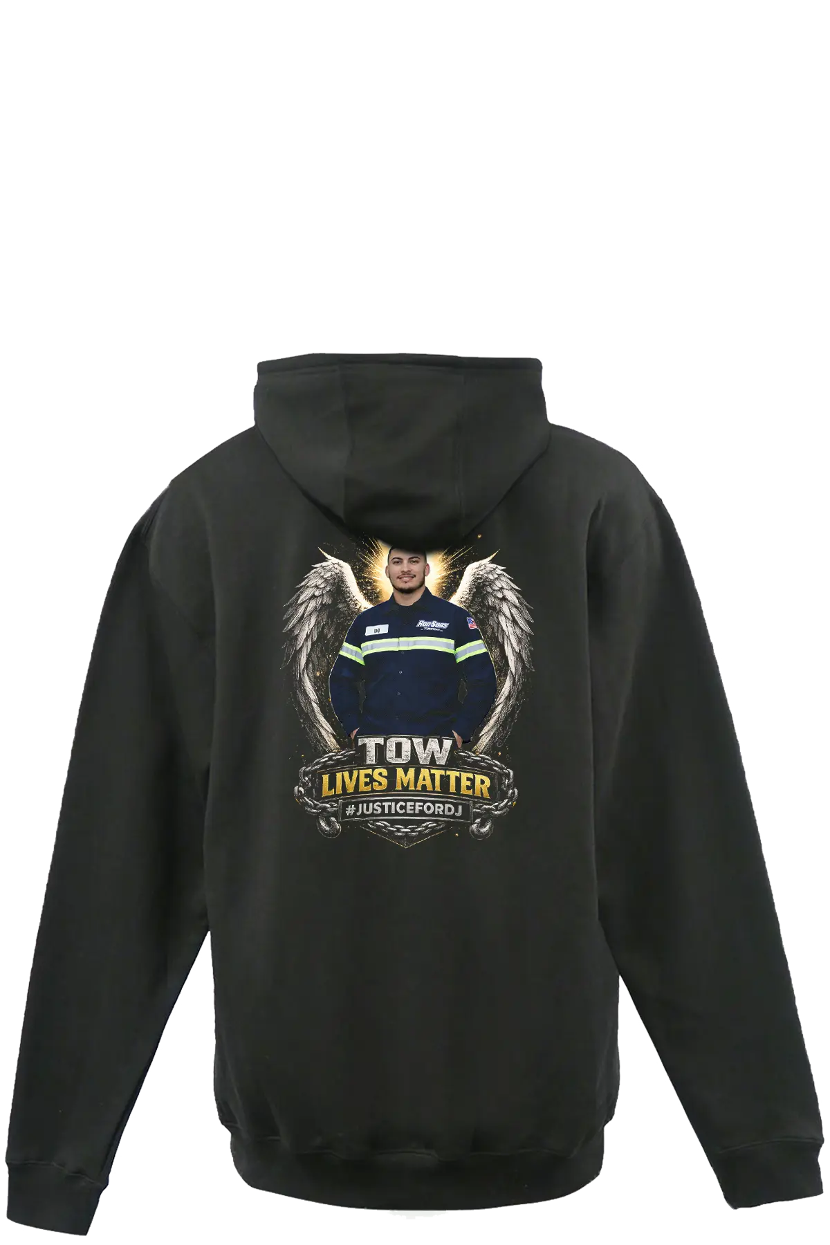 Black hoodie with a graphic design on the back featuring a person in a uniform and text. #JUSTICEFORDJ - Paper Street Print Co, Blairstown, NJ.