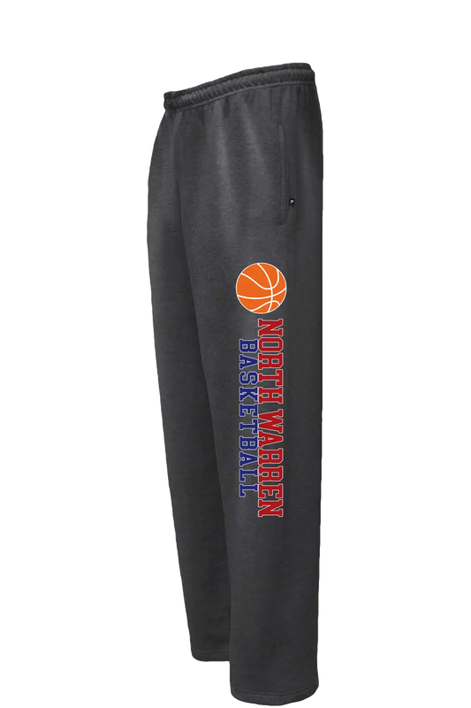 Black sweatpants with basketball design and text on a white background. Paper Street Print Co, Blairstown, NJ.