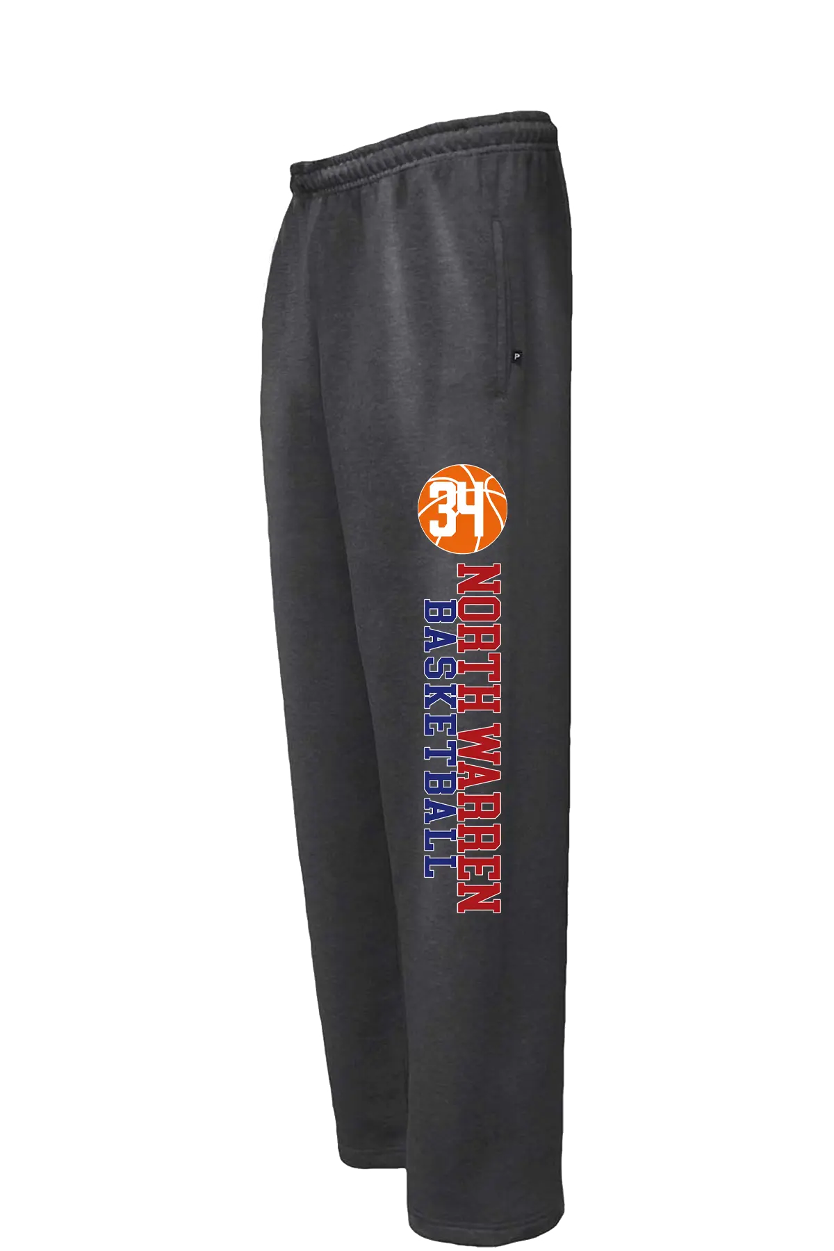 Dark gray sweatpants with basketball design and text on a white background. Paper Street Print Co, Blairstown, NJ.