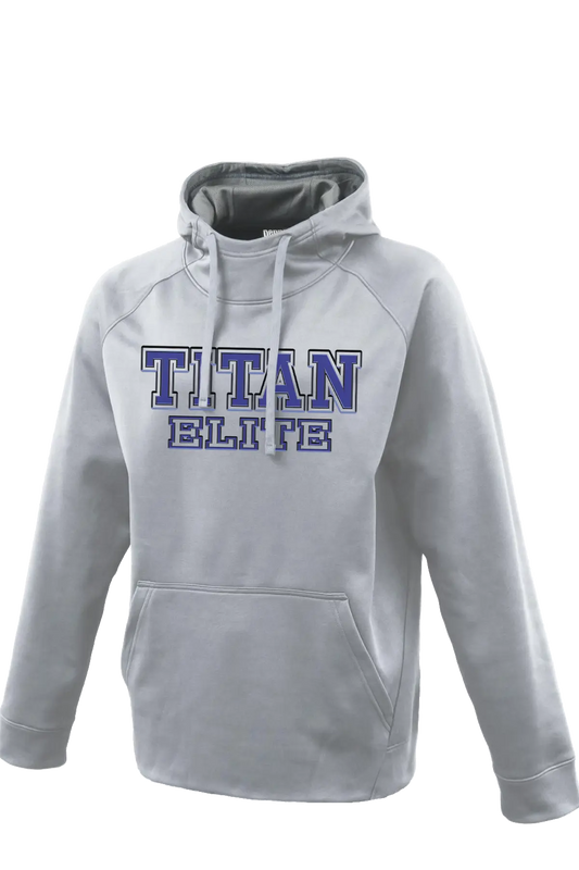 Gray hoodie with 'TITAN ELITE' text on a white background. Paper Street Print Co, Blairstown, NJ.