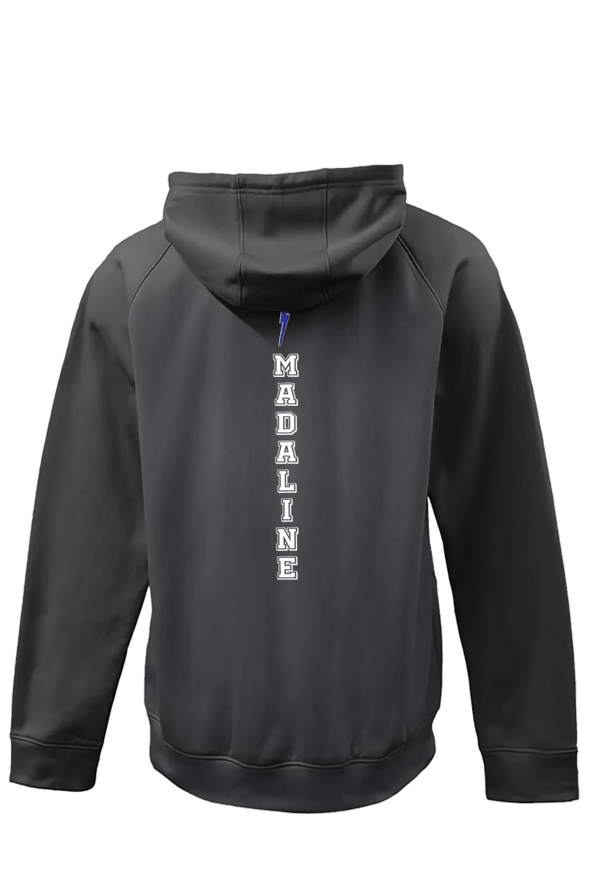 Black hoodie with 'MADALINE' text on the back against a white background. Paper Street Print Co, Blairstown, NJ.