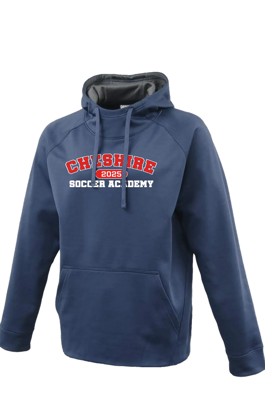 Blue hoodie with 'Cheshire Soccer Academy 2023' text on a white background. Paper Street Print Co, Blairstown, NJ.