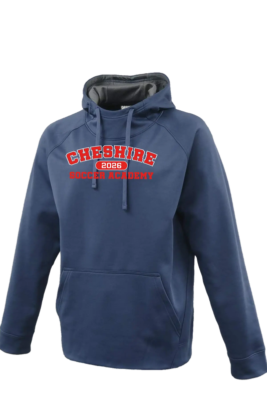 Navy blue hoodie with 'Cheshire 2026 Soccer Academy' text on a white background. Paper Street Print Co, Blairstown, NJ.