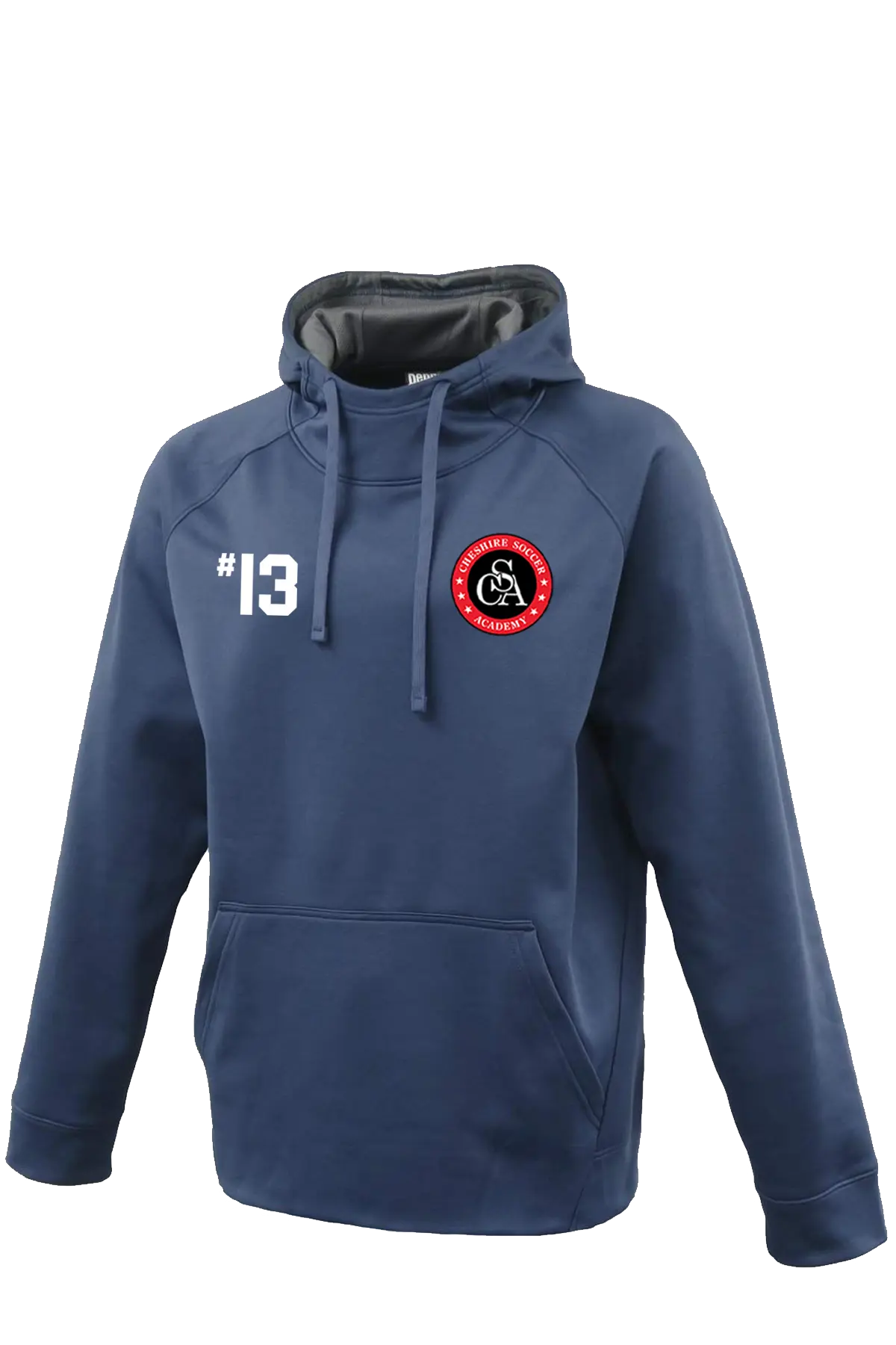 Blue hoodie with a logo and number '13' on a white background. Paper Street Print Co, Blairstown, NJ.