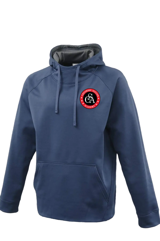 Blue hoodie with a logo on the chest against a white background. Paper Street Print Co, Blairstown, NJ.