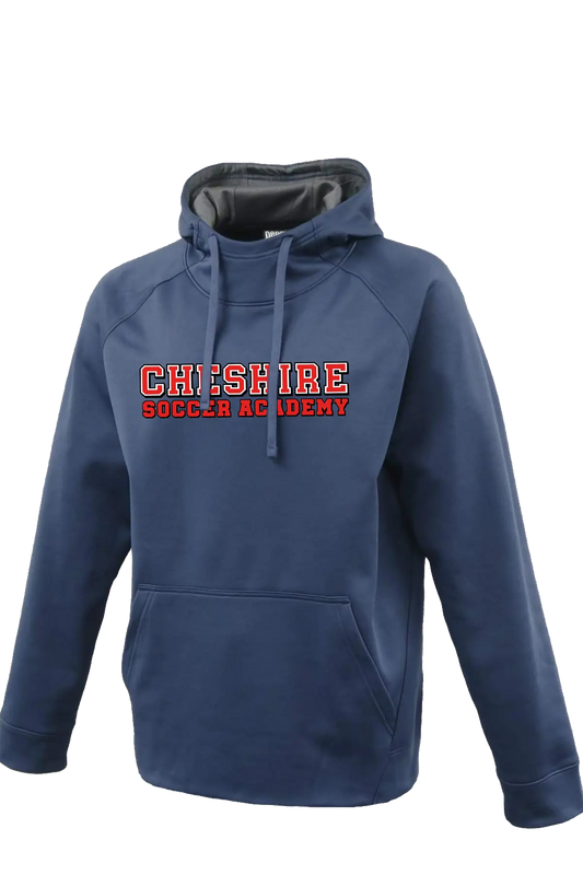 Navy blue hoodie with 'Cheshire Soccer Academy' text on a white background. Paper Street Print Co, Blairstown, NJ.