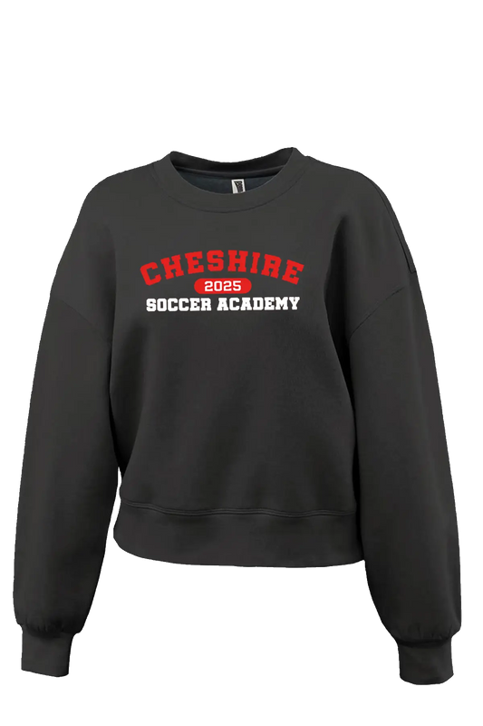 Black sweatshirt with 'Cheshire Soccer Academy 2025' text on a white background. Paper Street Print Co, Blairstown, NJ.