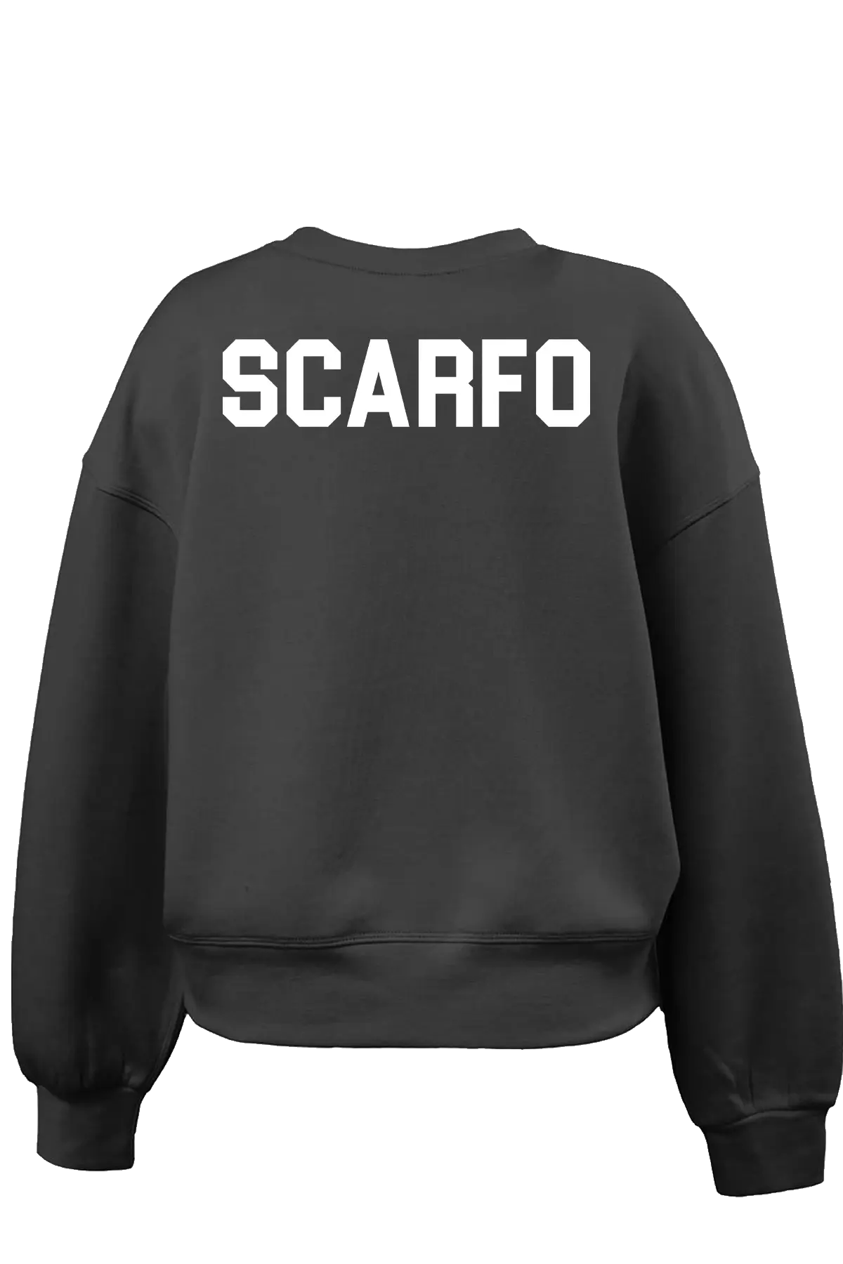 Black sweatshirt with 'SCARFO' printed on the back against a white background. Paper Street Print Co, Blairstown, NJ.