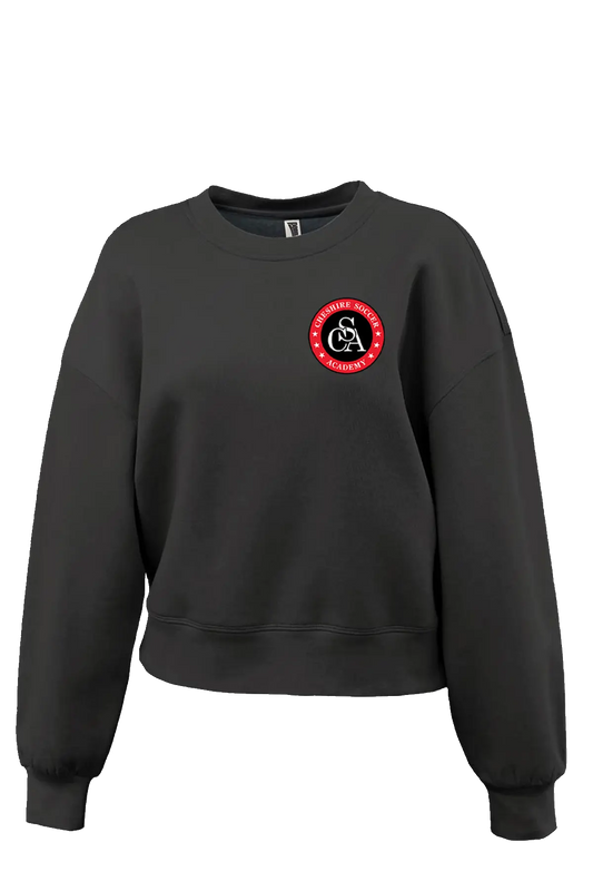 Black sweatshirt with a red logo on a white background Paper Street Print Co, Blairstown, NJ.