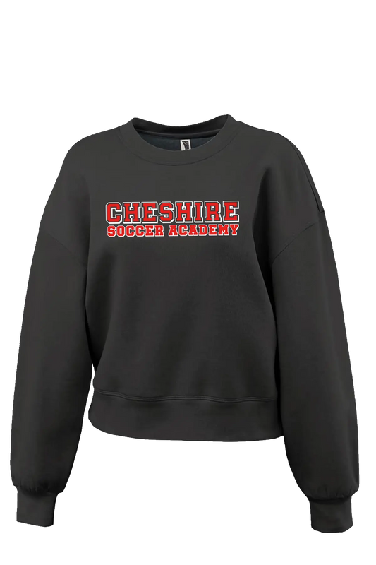 Black sweatshirt with 'Cheshire Soccer Academy' text on a white background. Paper Street Print Co, Blairstown, NJ.