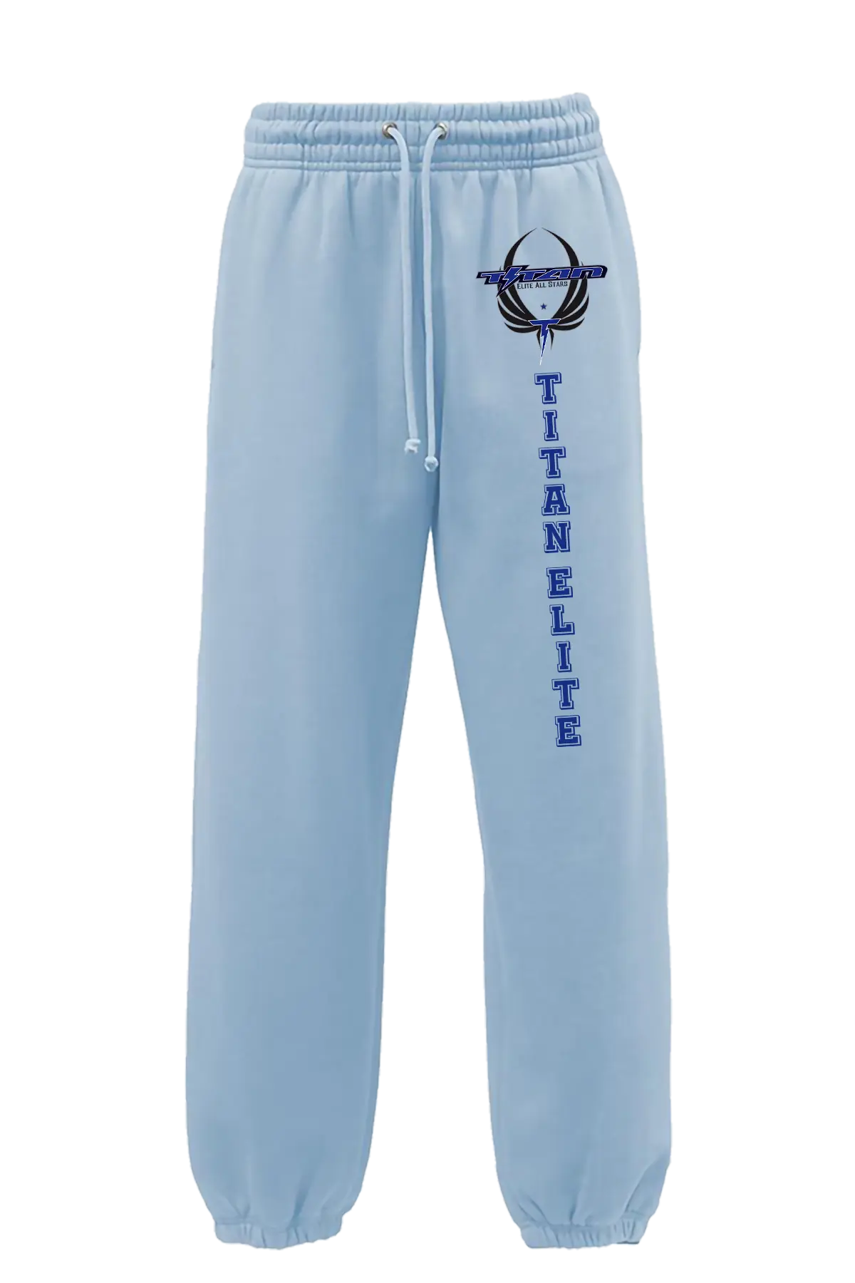 Light blue sweatpants with 'Titan Elite' logo and text on a white background. Paper Street Print Co, Blairstown, NJ.