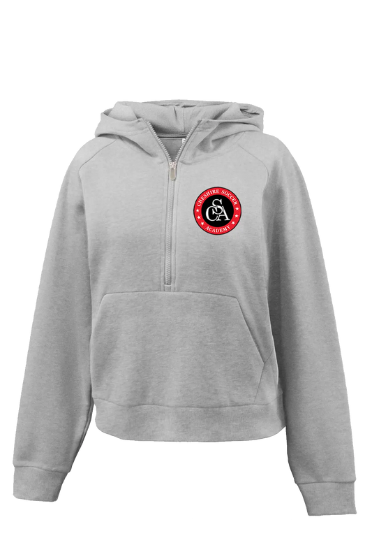 Gray hoodie with a red and black logo on a white background. Paper Street Print Co, Blairstown, NJ.