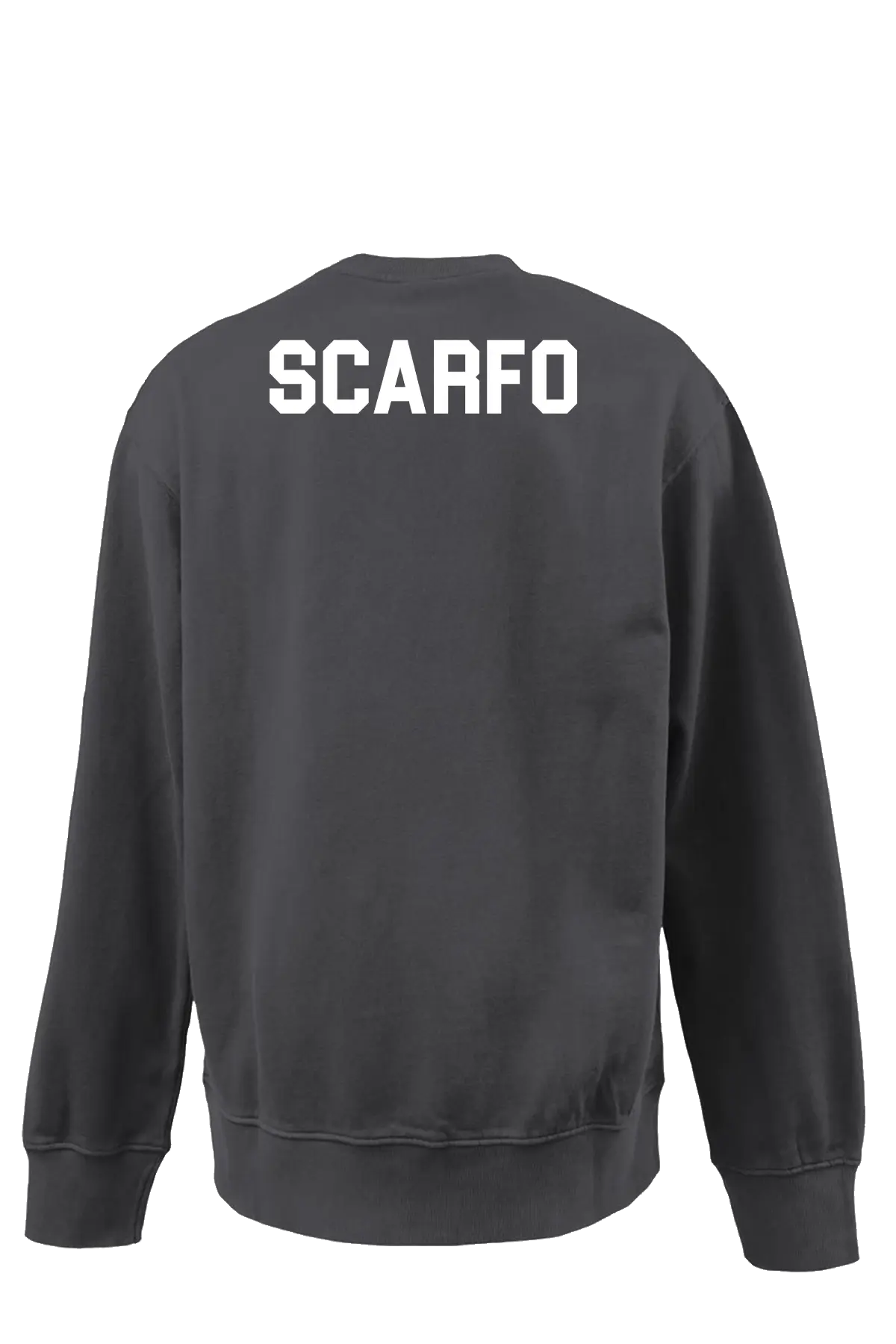 Black sweatshirt with 'SCARFO' printed on the back against a white background. Paper Street Print Co, Blairstown, NJ.