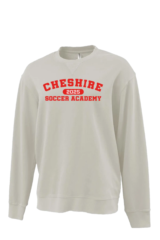 Beige sweatshirt with red text 'Cheshire 2025 Soccer Academy' on a white background. Paper Street Print Co, Blairstown, NJ.