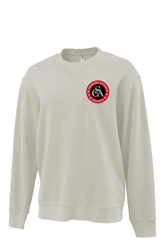 Beige sweatshirt with a red and black logo on a white background. Paper Street Print Co, Blairstown, NJ.